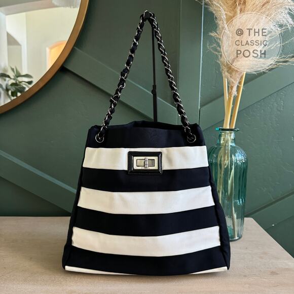 CHANEL Handbags - EUC Chanel Reissue Nylon Tote Bag Striped Black White